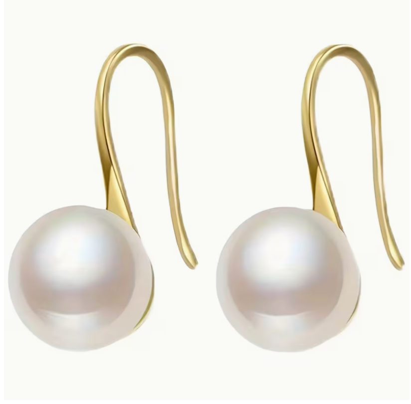 Classic gold hook pearl dangle earrings with smooth round pearl design