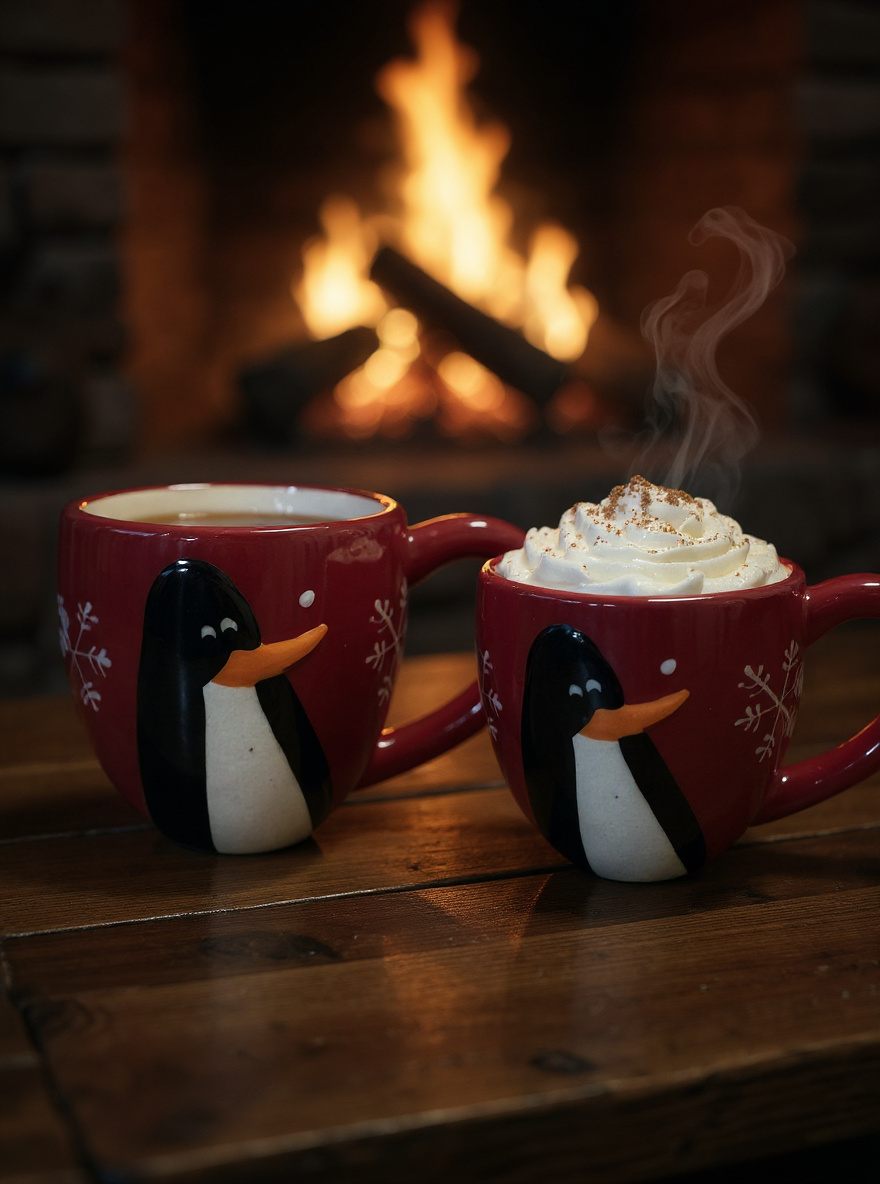 red penguin mug on a wooden table with a glowing fireplace in the background