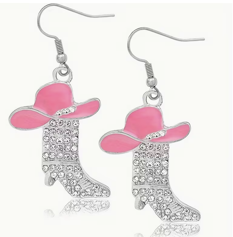 Pink cowboy hat and silver-tone sparkling rhinestone cowboy boot drop earrings