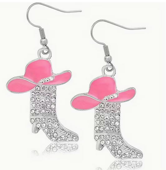 Pink cowboy hat and silver-tone sparkling rhinestone cowboy boot drop earrings