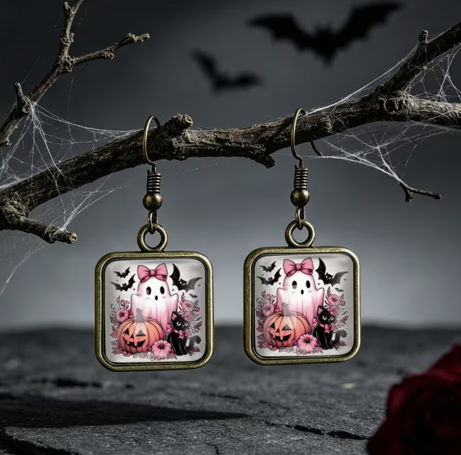 Pink bow ghost and black cat Halloween square earrings with pumpkin, bats and floral details