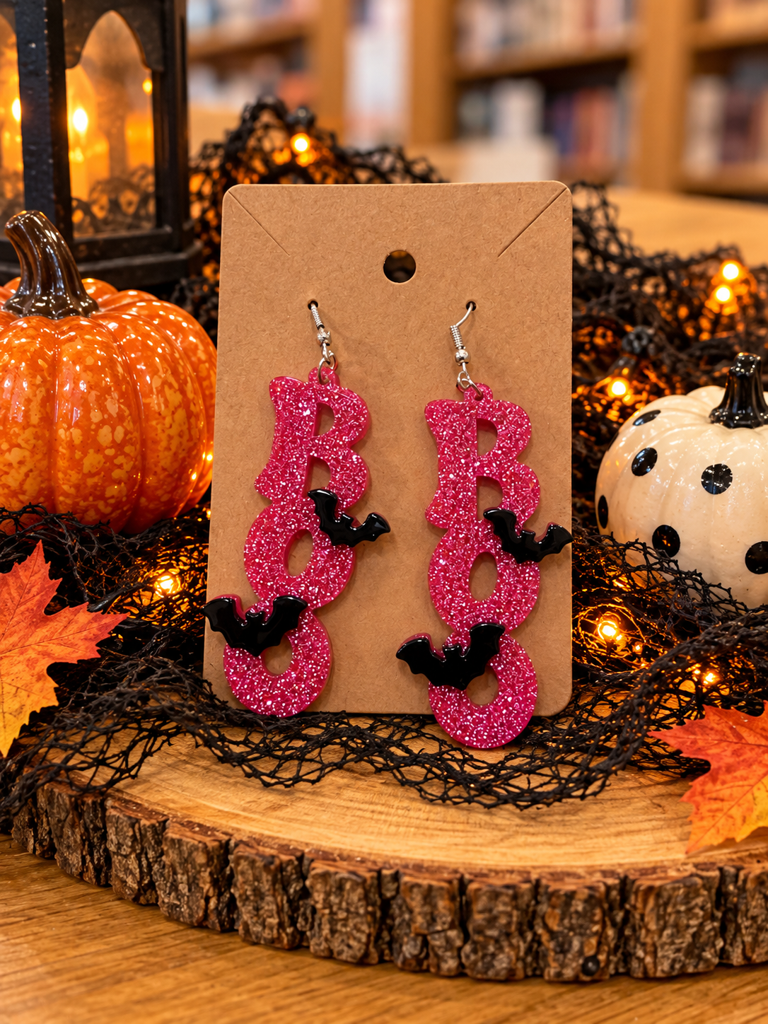 Pink glitter BOO Halloween dangle earrings with vertically stacked letters, black bat accents, and silver-tone fishhook ear wires displayed on a kraft jewelry card with festive Halloween decorations.