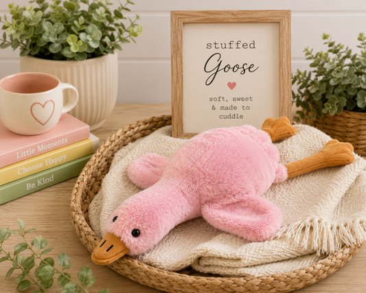 Soft 19-inch pink goose plush stuffed animal with floppy wings and feet, perfect for cuddling, nursery décor, and cozy reading nooks.
