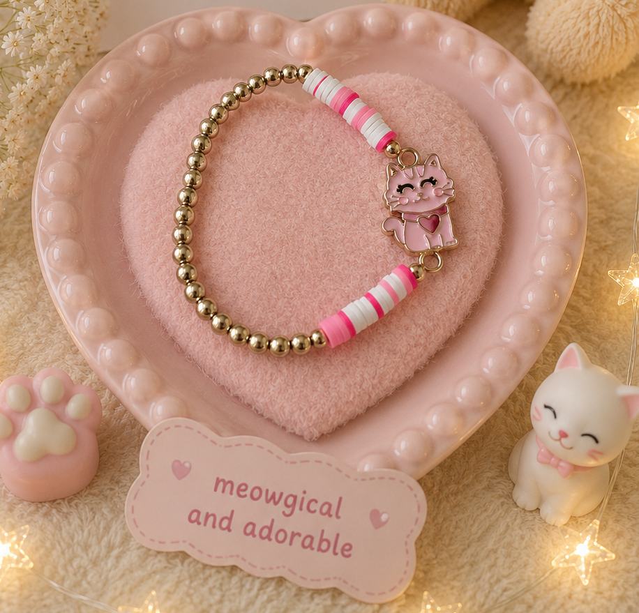 Pink kitten charm bracelet with stretch gold-tone beads and pastel pink accents