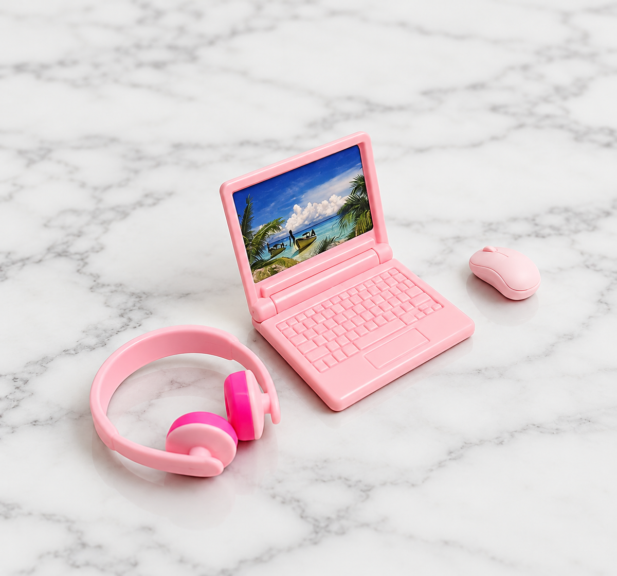 Pink mini laptop with matching headphones and miniature mouse