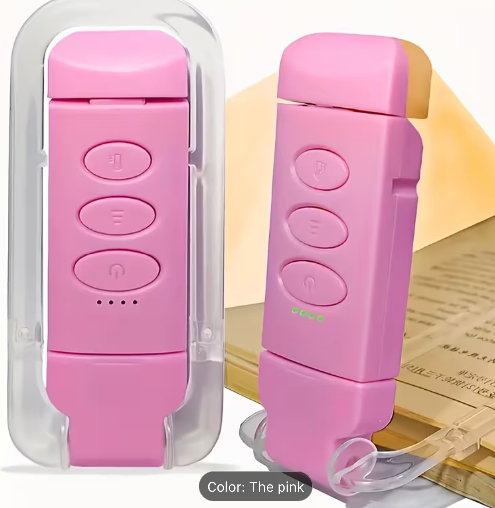 Pink rechargeable clip-on book light with adjustable LED light