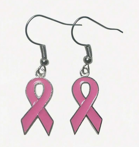 Pink ribbon earrings on a white background