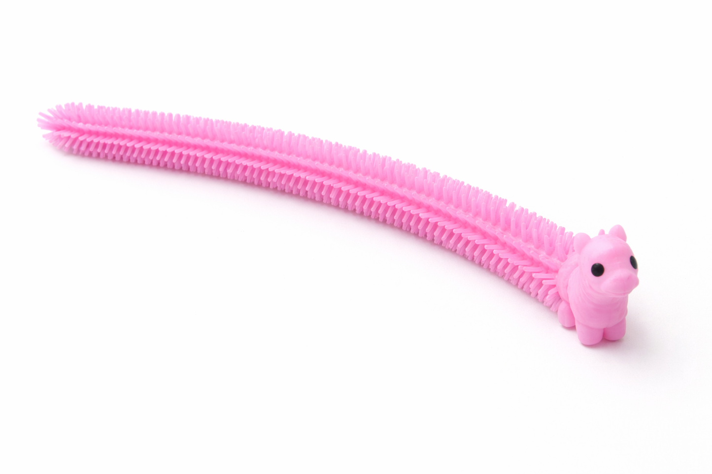 Pink stretchy textured snake fidget toy with a cute animal face that wraps into a wearable bracelet, shown on a white background.
