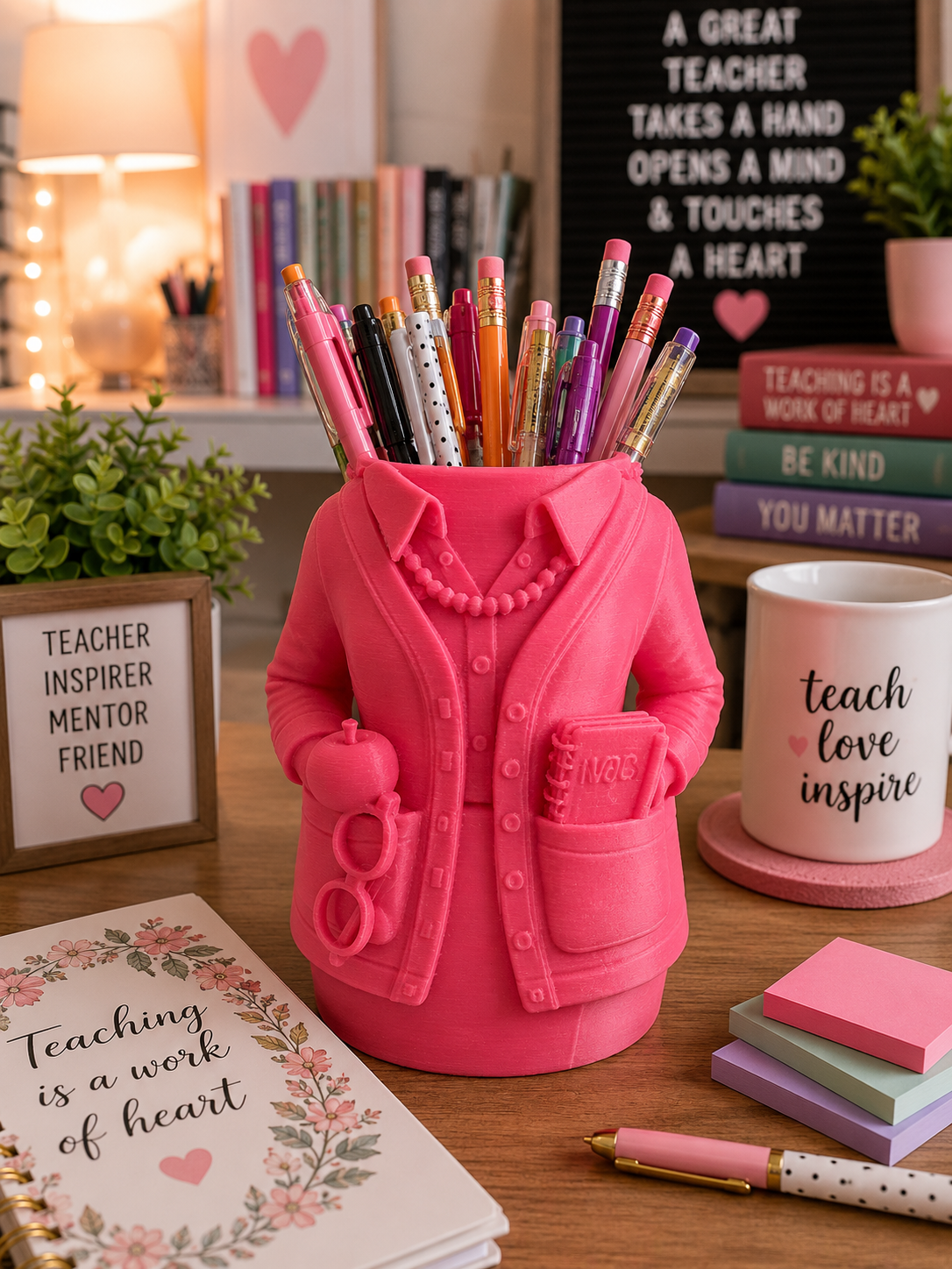 Bright pink teacher-shaped pen and pencil holder filled with colorful pens on a cozy classroom desk with inspirational teacher decor and pastel office accessories