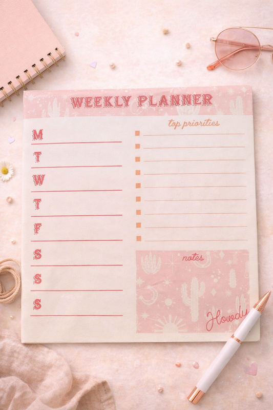 Pink western themed weekly planner pad with sections for each day, top priorities, and notes on a styled desk