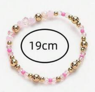 Beaded bracelet with pink and gold beads on a white background, labeled '19cm'.