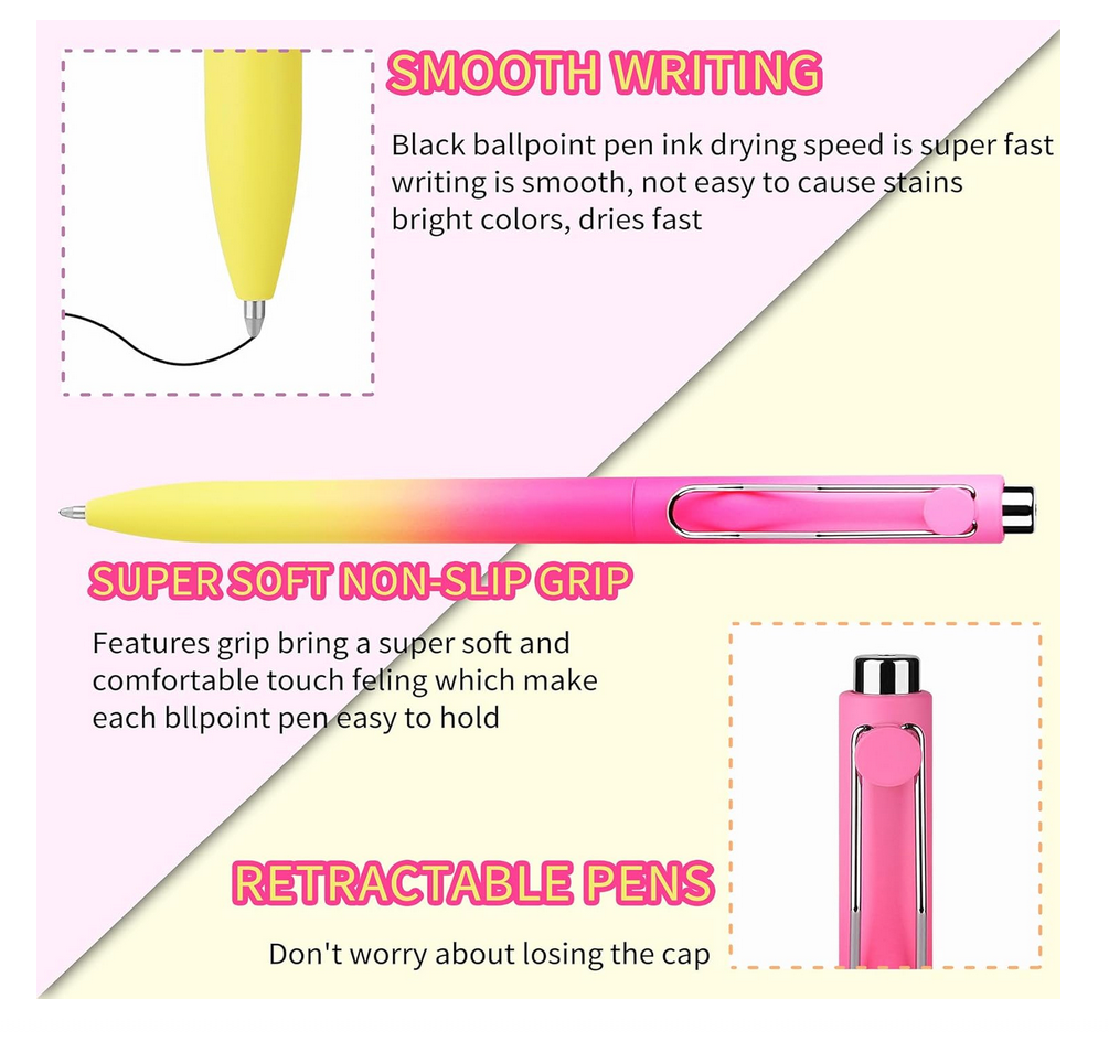 pink and yellow gradient pen showing smooth writing tip and soft non slip grip