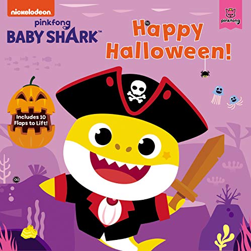 Cover of Happy Halloween! (Baby Shark) featuring Baby Shark and family dressed in Halloween costumes, surrounded by pumpkins, ghosts, and spooky decorations.