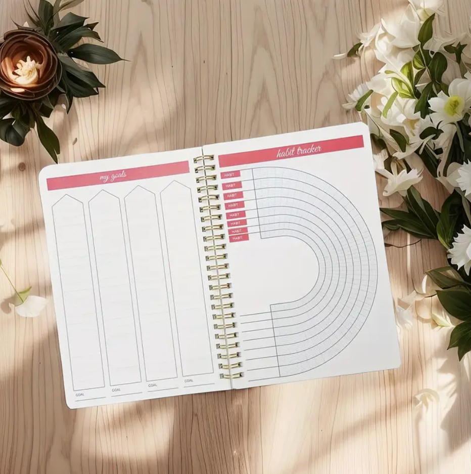 Floral print 2025–2027 monthly planner with double wire binding and elastic closure shown open to a monthly spread.