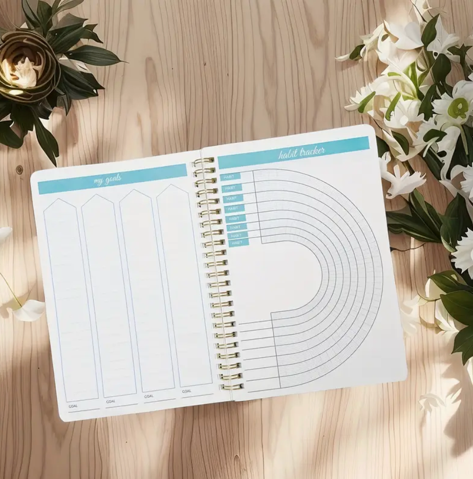 Floral print 2025–2027 monthly planner with double wire binding and elastic closure shown open to a monthly spread.