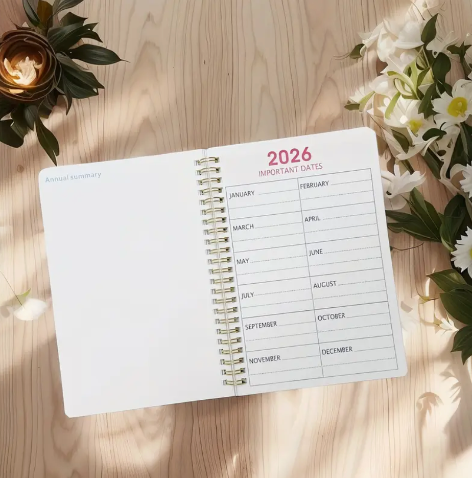 Floral print 2025–2027 monthly planner with double wire binding and elastic closure shown open to a monthly spread.