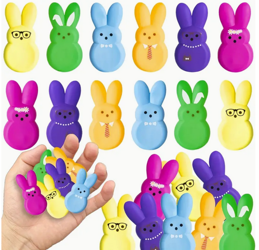 Mini plastic bunny Easter toys in assorted colors, perfect as Easter basket stuffers or egg hunt favors for kids.