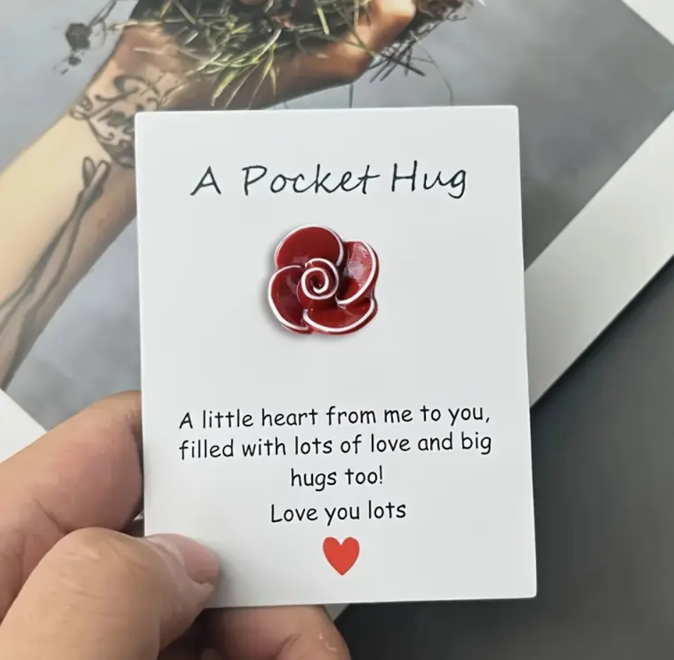 Rose-themed pocket hug token with engraved heartfelt message.