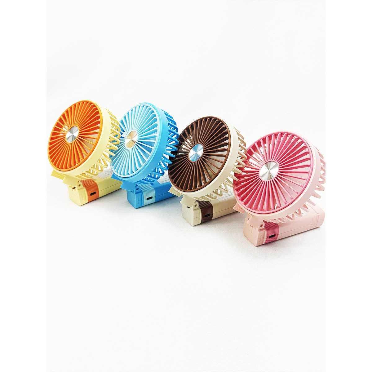 Foldable portable fans displayed in assorted colors