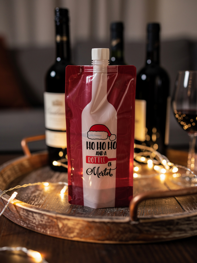 Red and white bottle-shaped packaging with text on a wooden tray with wine bottles and glasses in the background.