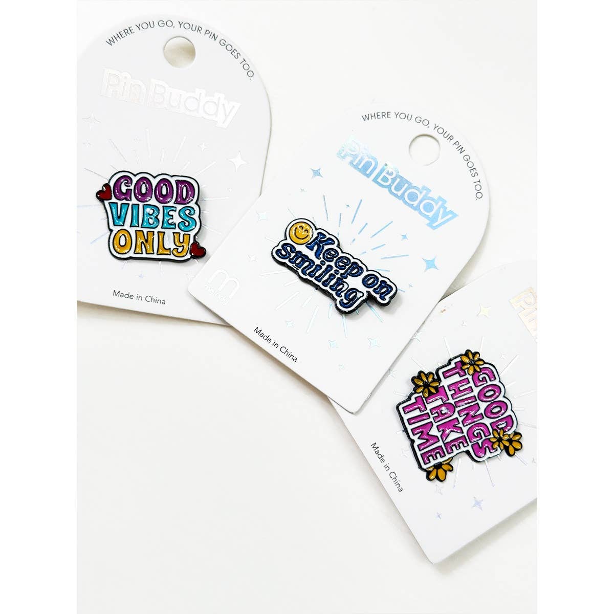 Set of retro positive enamel pins with colorful motivational sayings