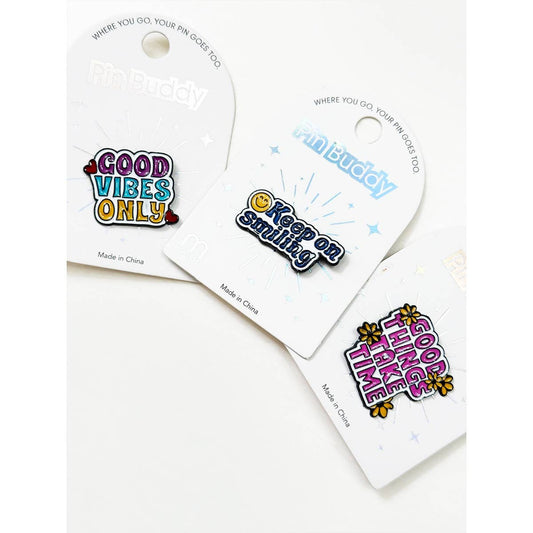 Set of retro positive enamel pins with colorful motivational sayings