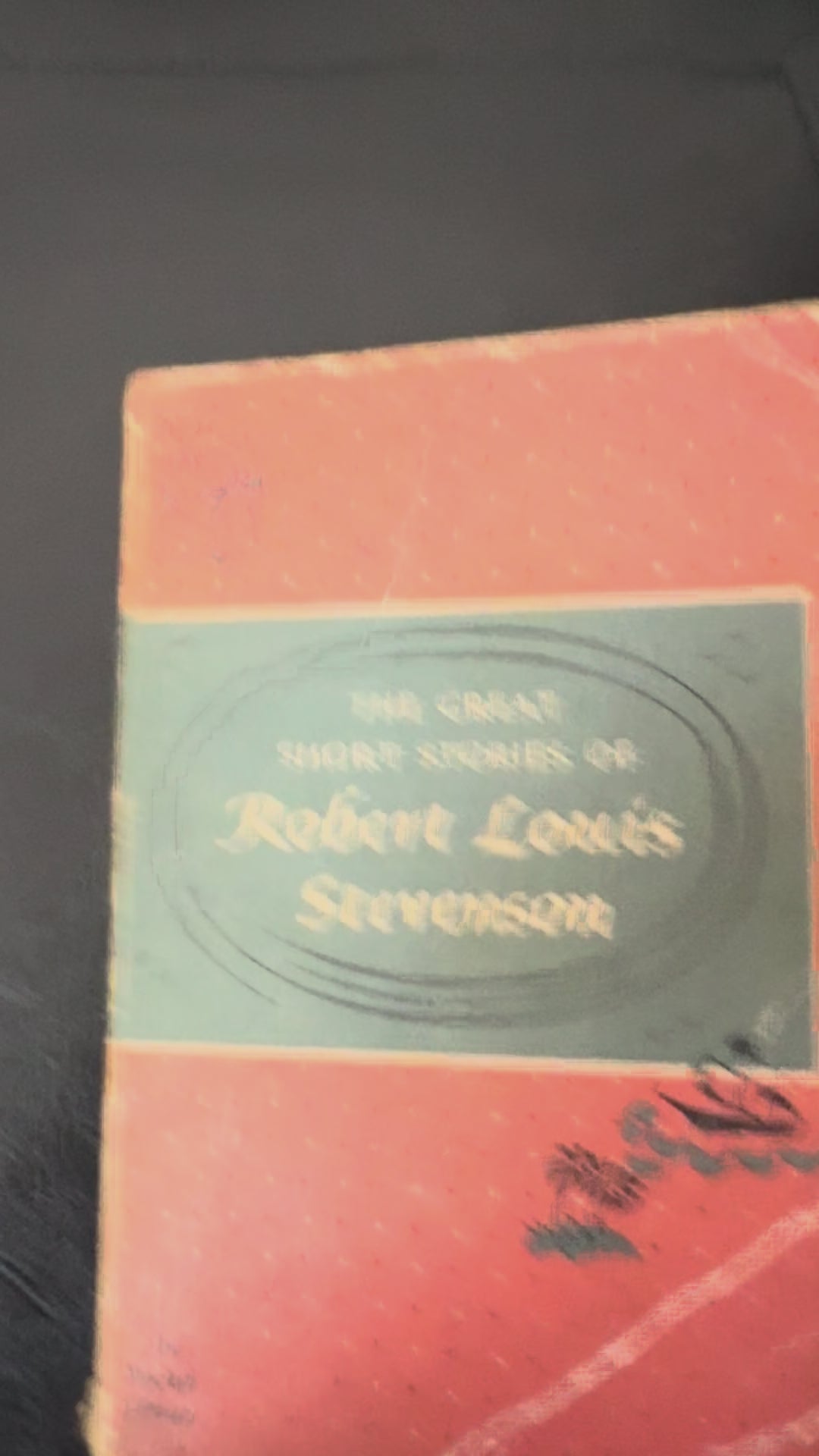 Vintage 1959 Pocket Library edition of The Great Short Stories of Robert Louis Stevenson displayed on a wooden book stand