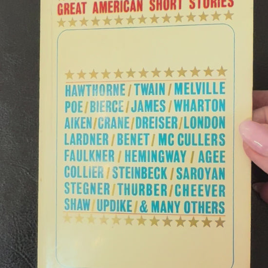 Vintage paperback edition of 50 Great American Short Stories edited by Milton Crane featuring works by Twain, Hemingway, Steinbeck, Faulkner, Poe, and others.