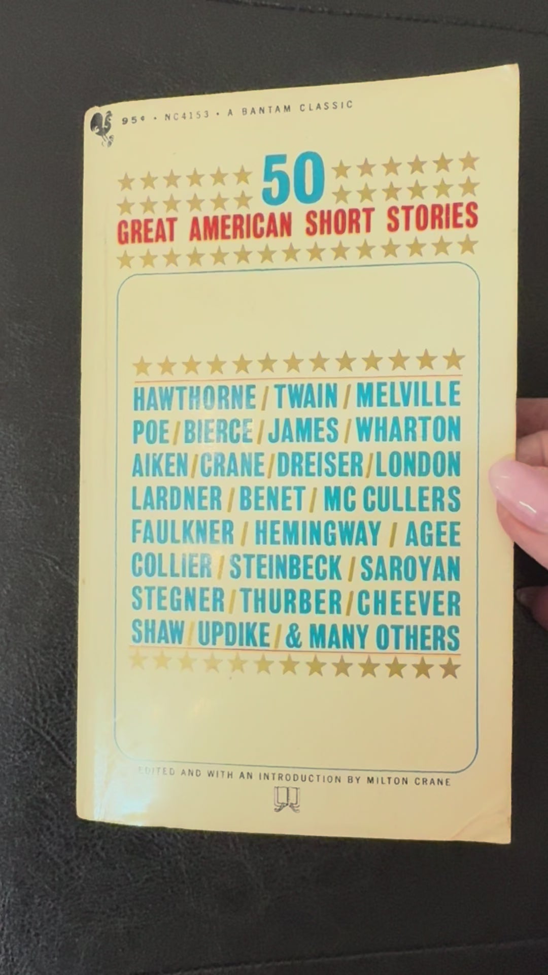 Vintage paperback edition of 50 Great American Short Stories edited by Milton Crane featuring works by Twain, Hemingway, Steinbeck, Faulkner, Poe, and others.