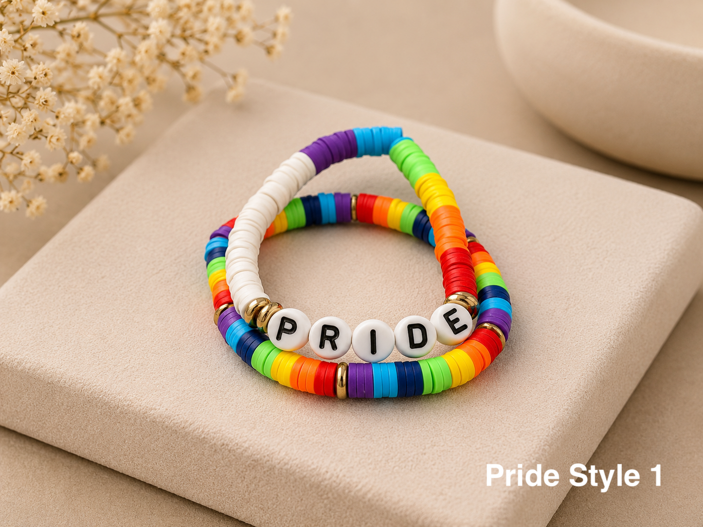 Pride rainbow bead bracelets with bright clay disc beads and gold accents