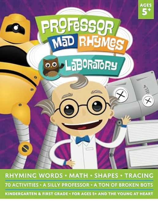 Cover of 'Professor Mad Rhymes Laboratory' with a cartoon professor and robot on a purple background.