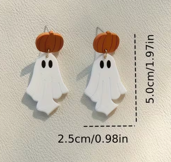 Pumpkin and white ghost Halloween earrings measuring approximately 1.97 inches long and 0.98 inches wide