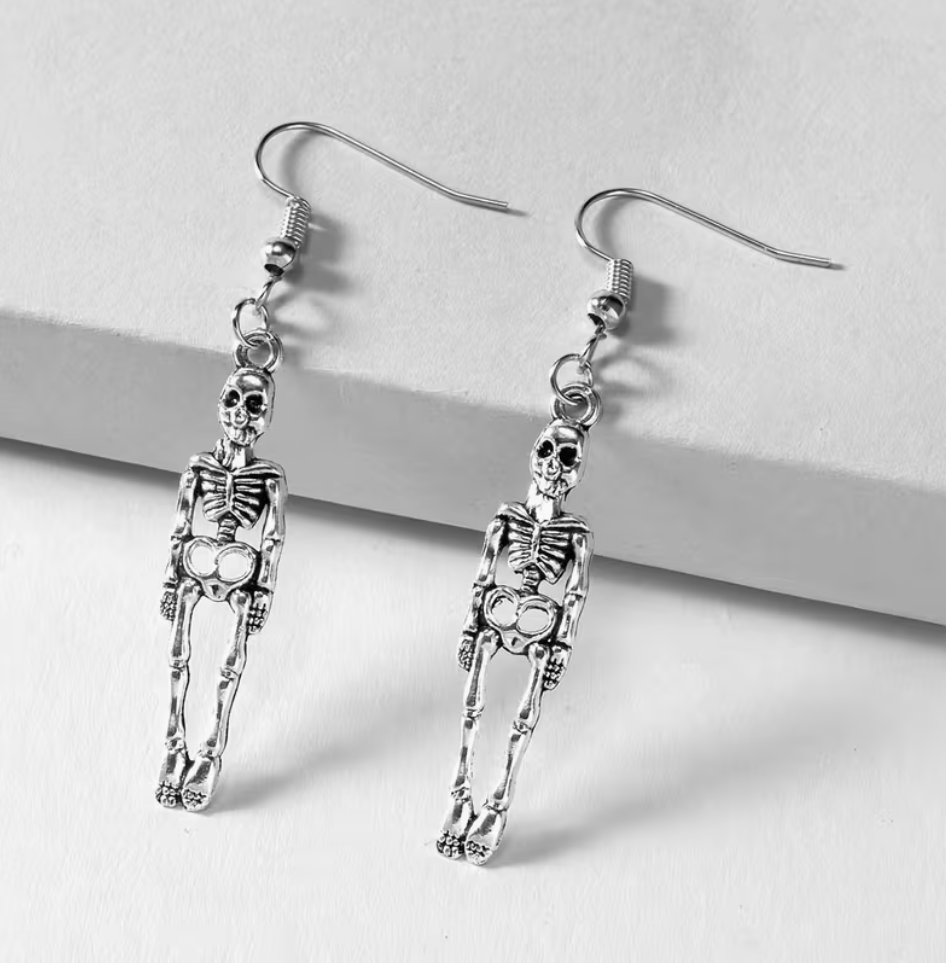 Silvery punk skeleton dangle earring with fishhook ear wire and 1.49 inch skeleton charm