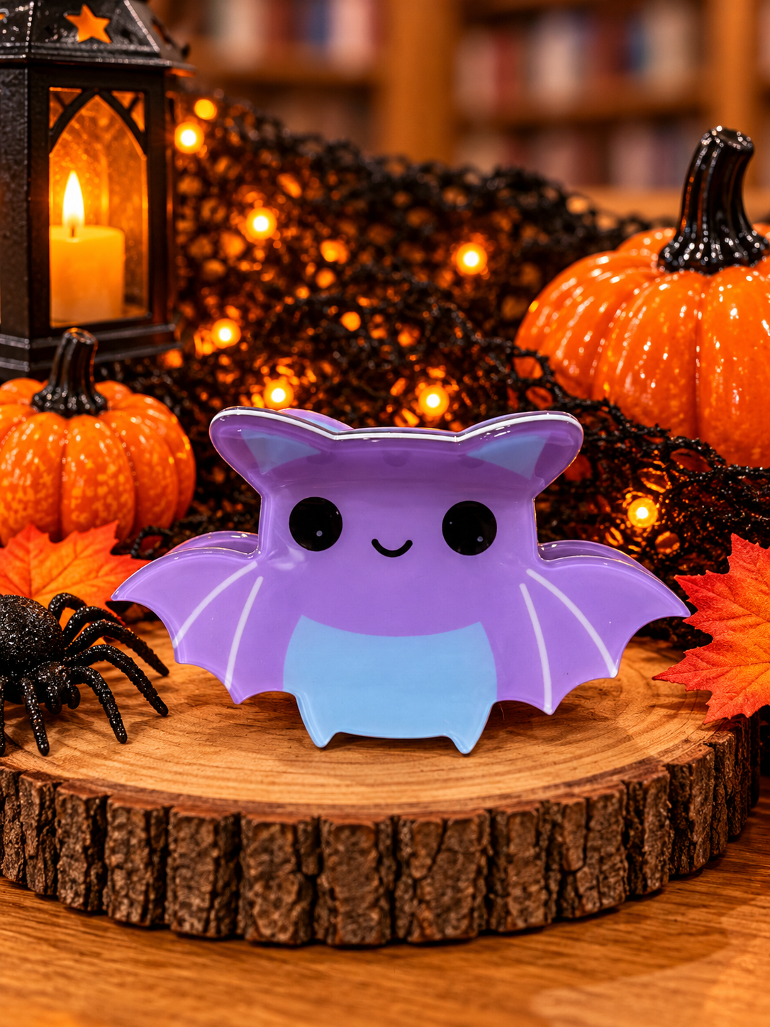 Cute purple bat Halloween hair clip measuring approximately 3 inches, featuring outstretched wings, black eyes, a smiling face, and a light blue belly, displayed with pumpkins and festive Halloween decorations.