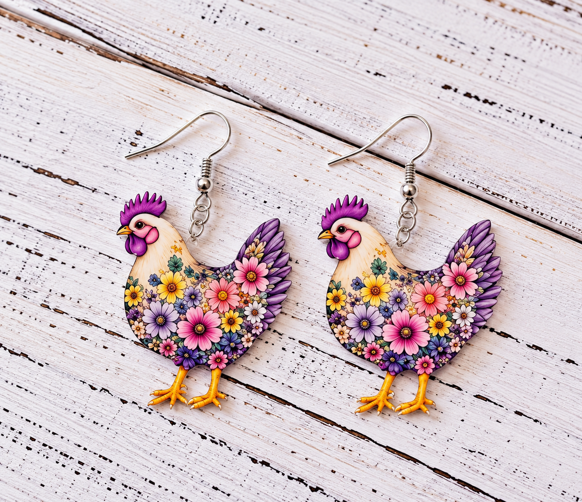 Purple floral chicken acrylic dangle earrings with pink and lavender flowers