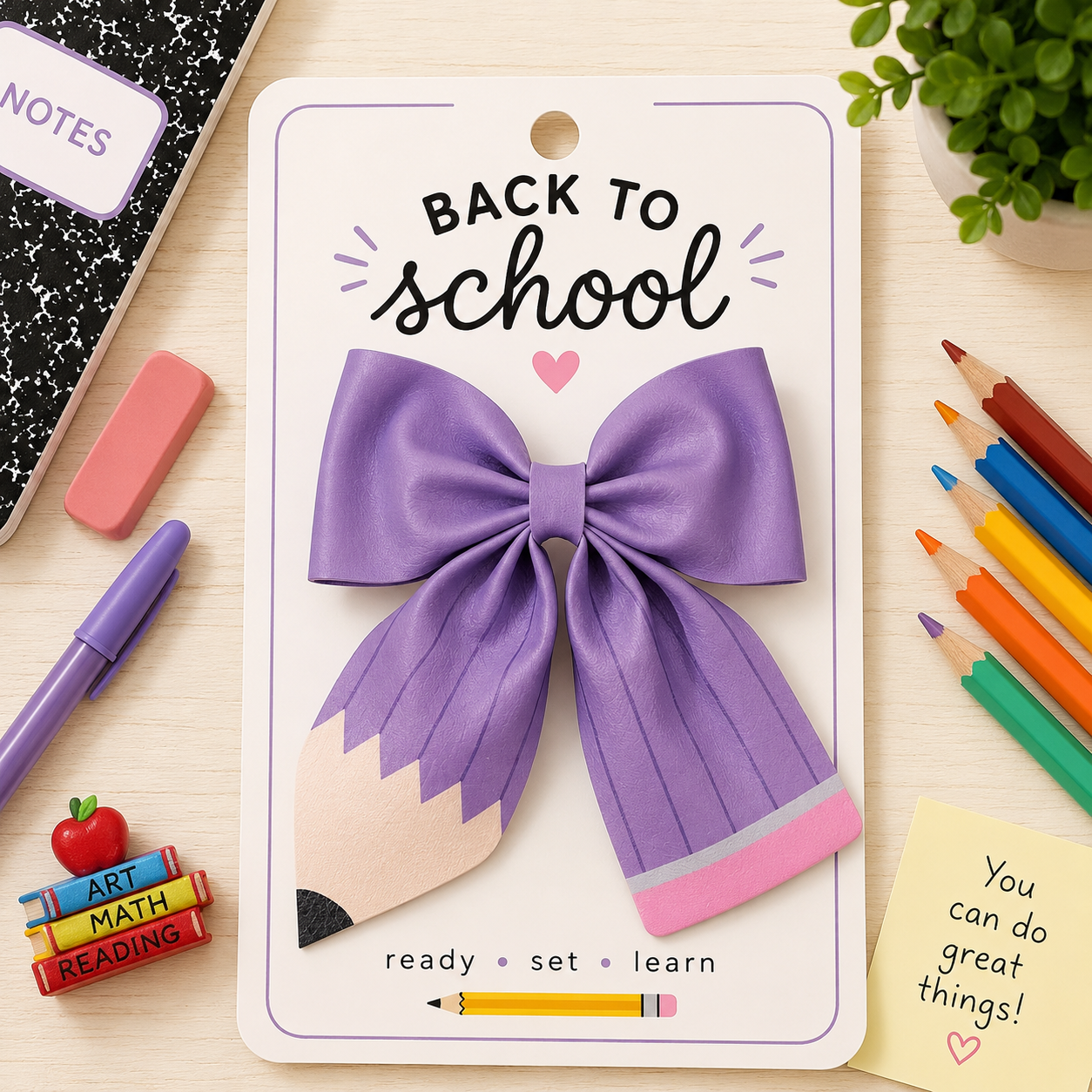Oversized purple pencil-themed ribbon hair bow with pencil point and pink eraser details, attached to a hair clip for back-to-school outfits, teachers, and students.