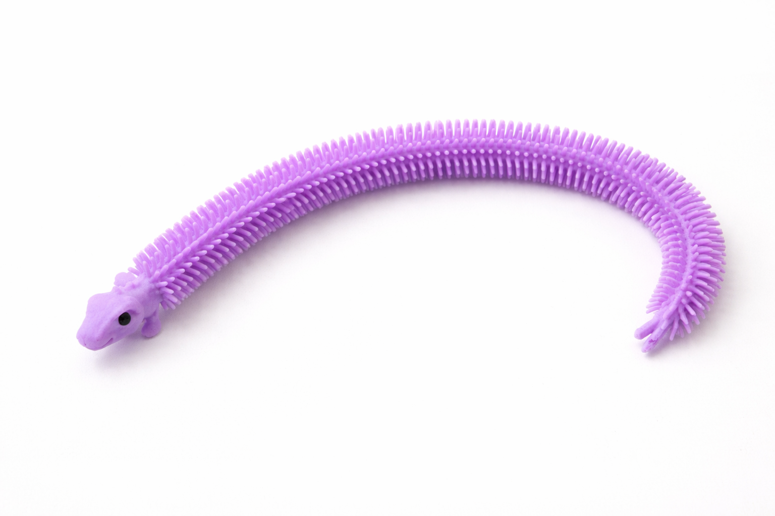 Purple stretchy snake fidget toy with soft textured spikes that can wrap into a bracelet, shown on a white background.