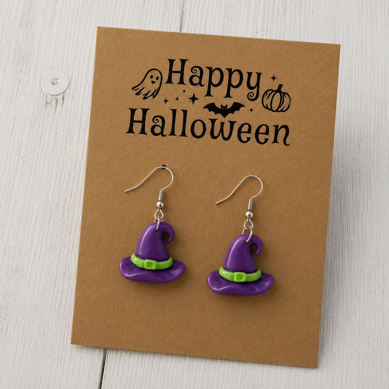 Purple witch hat resin dangle earrings with bright green bands and silver-tone hooks for Halloween