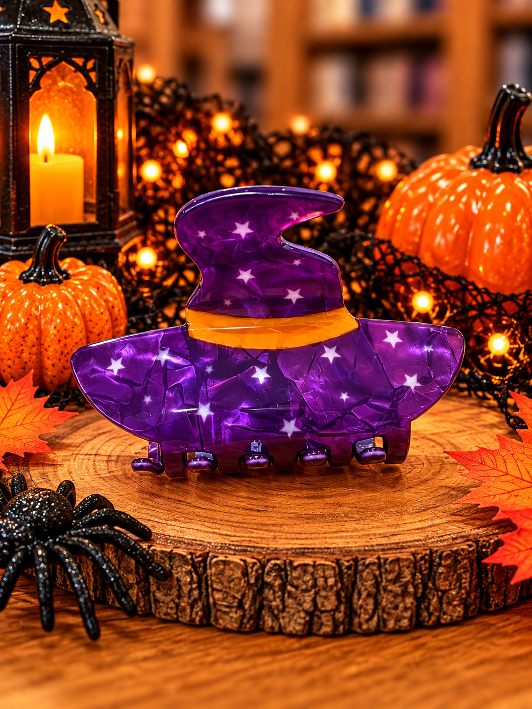 Purple witch hat Halloween hair claw clip measuring approximately 3 inches, featuring white stars, an orange hatband, and purple claw teeth, displayed with pumpkins and festive Halloween decorations.