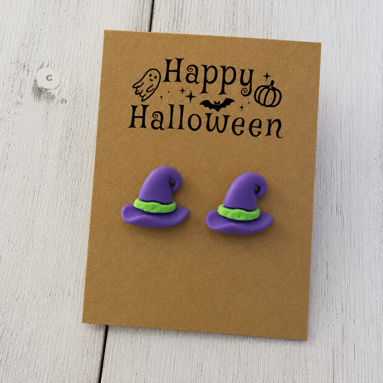 Purple witch hat resin stud earrings with bright green bands for Halloween
