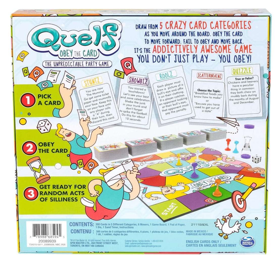 Back of Quelf game box explaining gameplay, card categories, and included components.