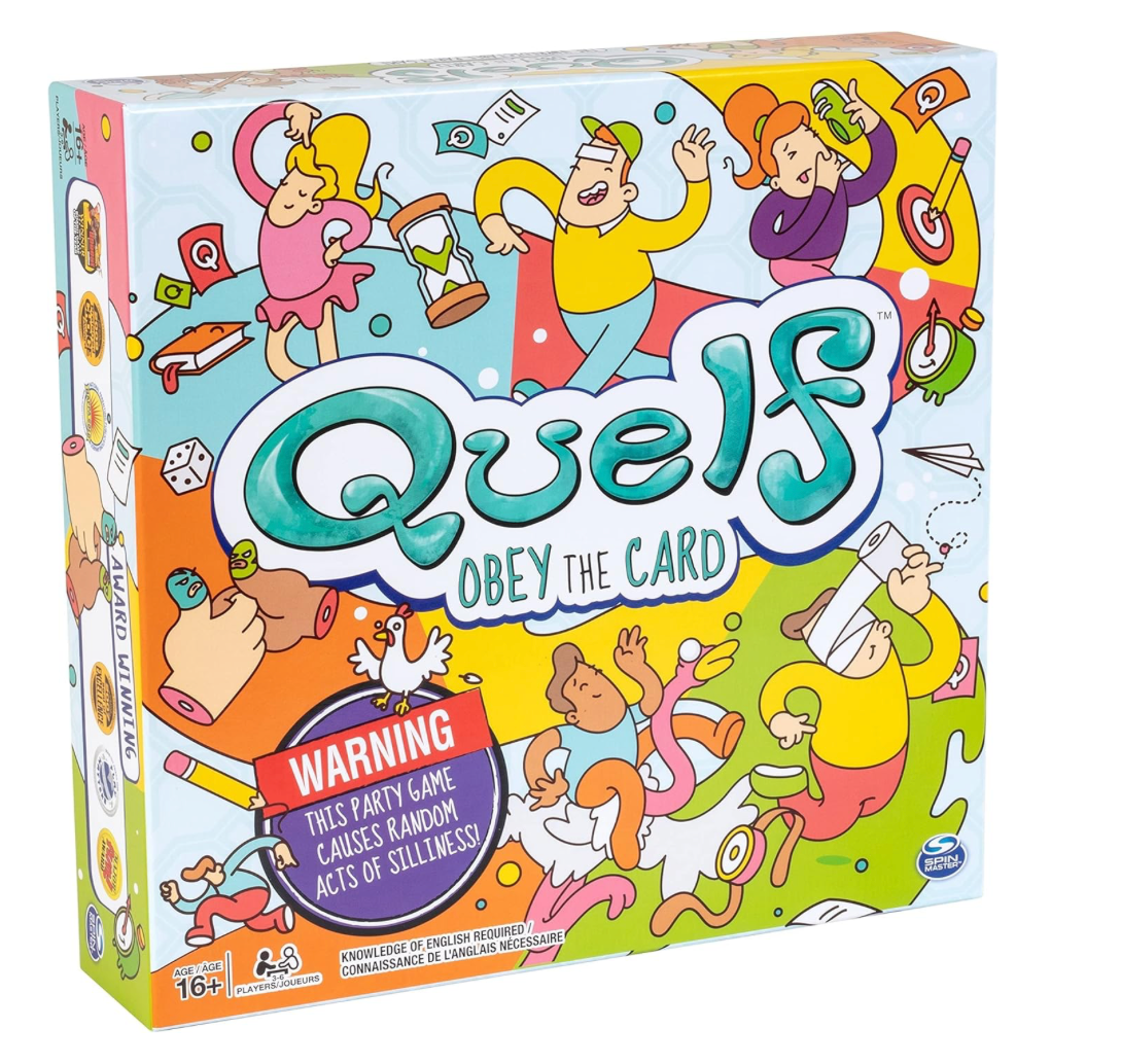 Quelf Obey the Card party board game featuring colorful game board, challenge cards, timer, die, and player pieces for hilarious family game nights and parties.