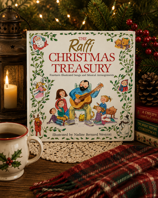 ront cover of The Raffi Christmas Treasury first edition hardcover with dust jacket.