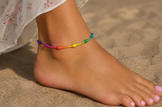 Rainbow adjustable anklet bracelet worn on a female ankle at the beach