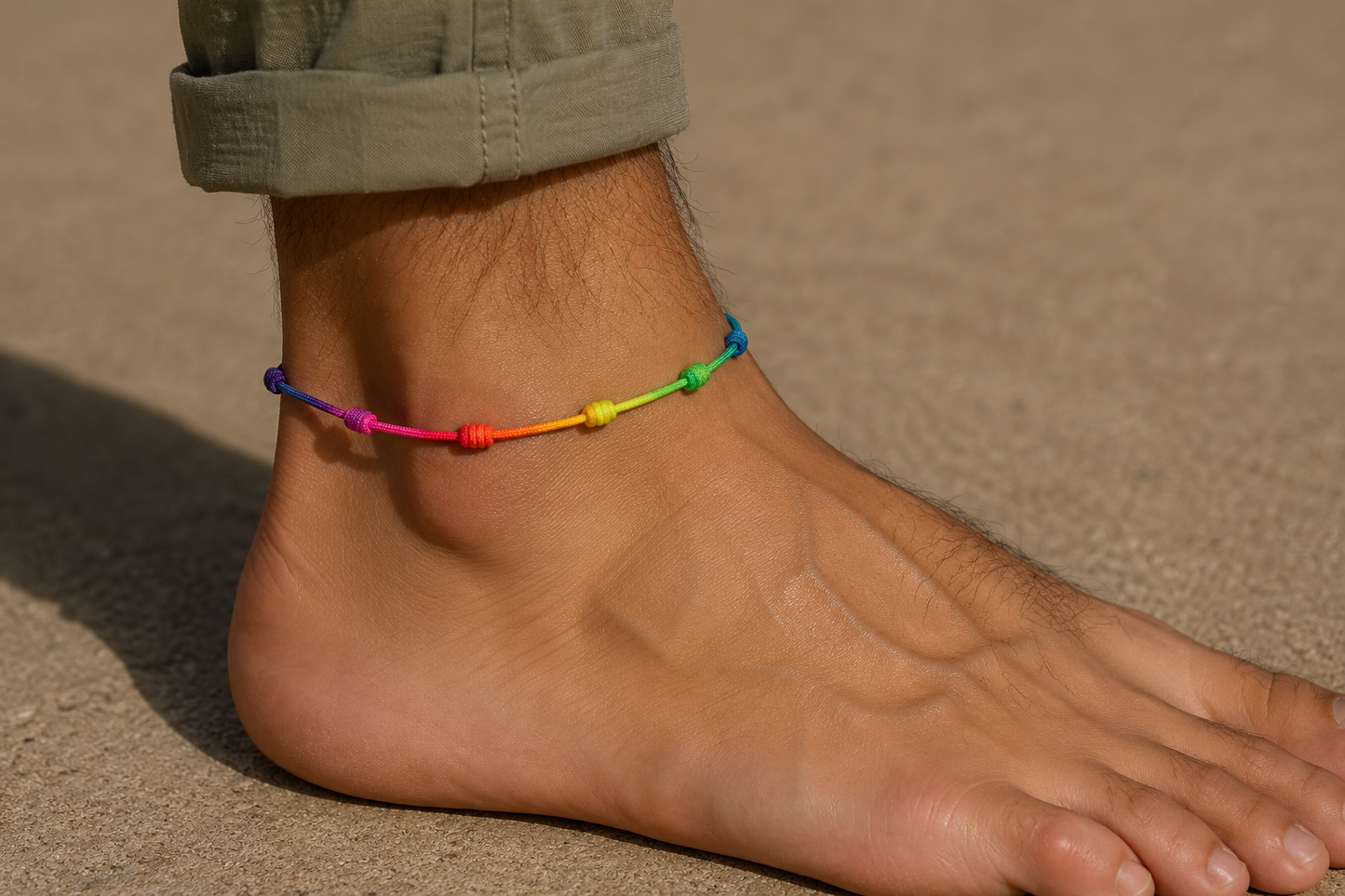 Colorful rainbow anklet bracelet worn on a male ankle outdoors in sunlight