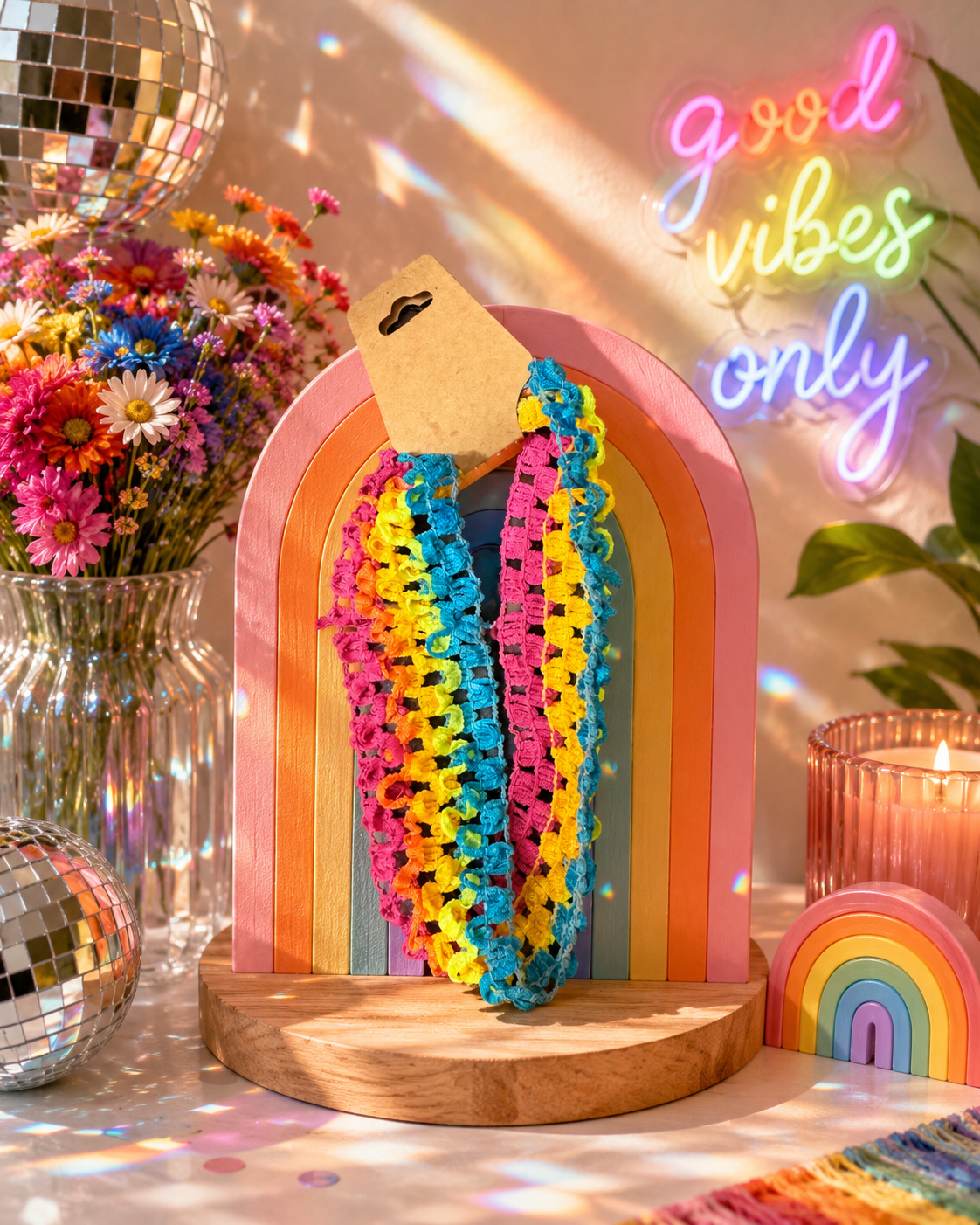 Colorful lei on a stand with 'good vibes only' neon sign and disco balls in the background