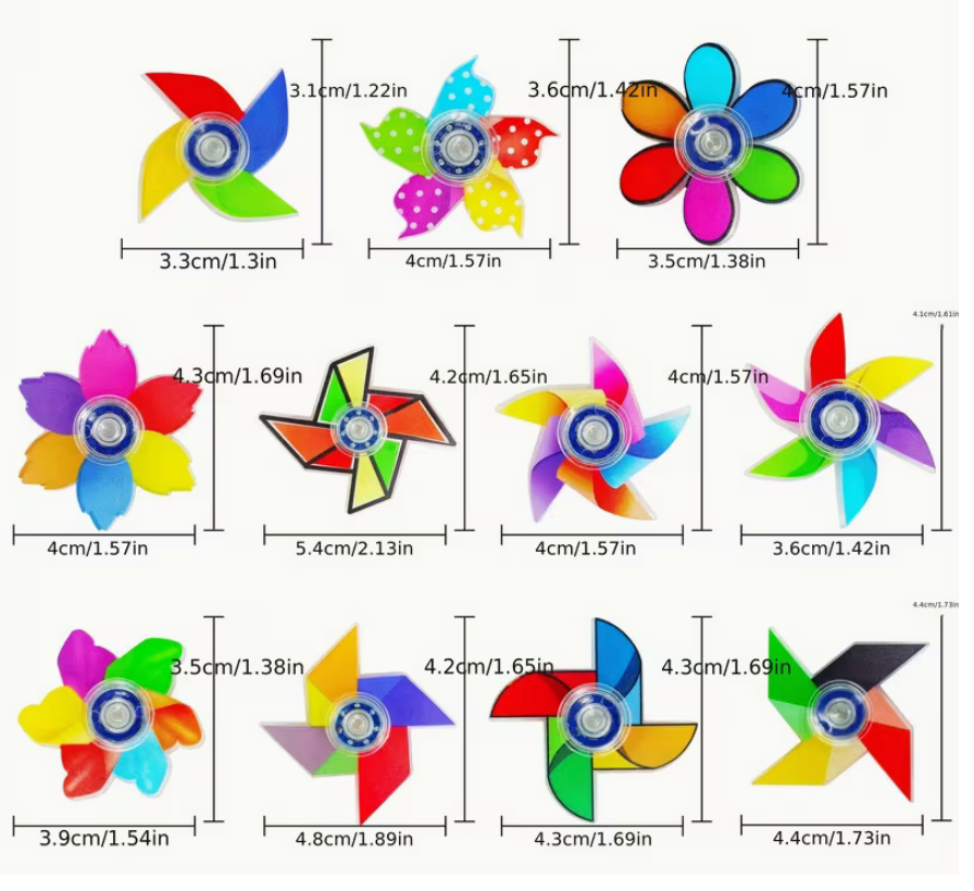Size comparison chart showing assorted rainbow fidget spinner styles with dimensions in centimeters and inches