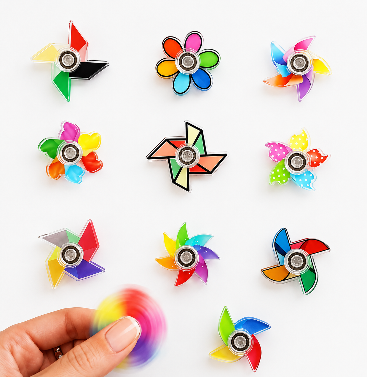 Assorted rainbow pinwheel and flower-shaped fidget spinners displayed in multiple colorful styles