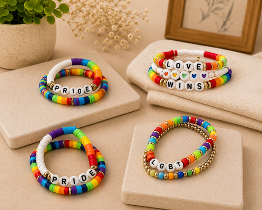 Rainbow pride bracelet sets with colorful clay beads and letter charms displayed on neutral stone risers