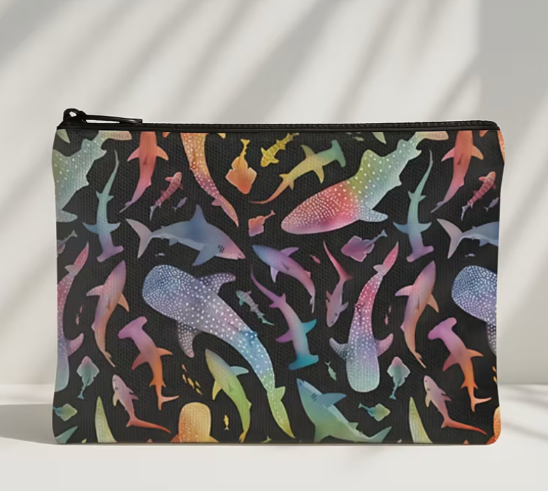 Front Image: black zipper pouch featuring colorful rainbow shark and ocean life silhouettes in an all-over marine-themed pattern